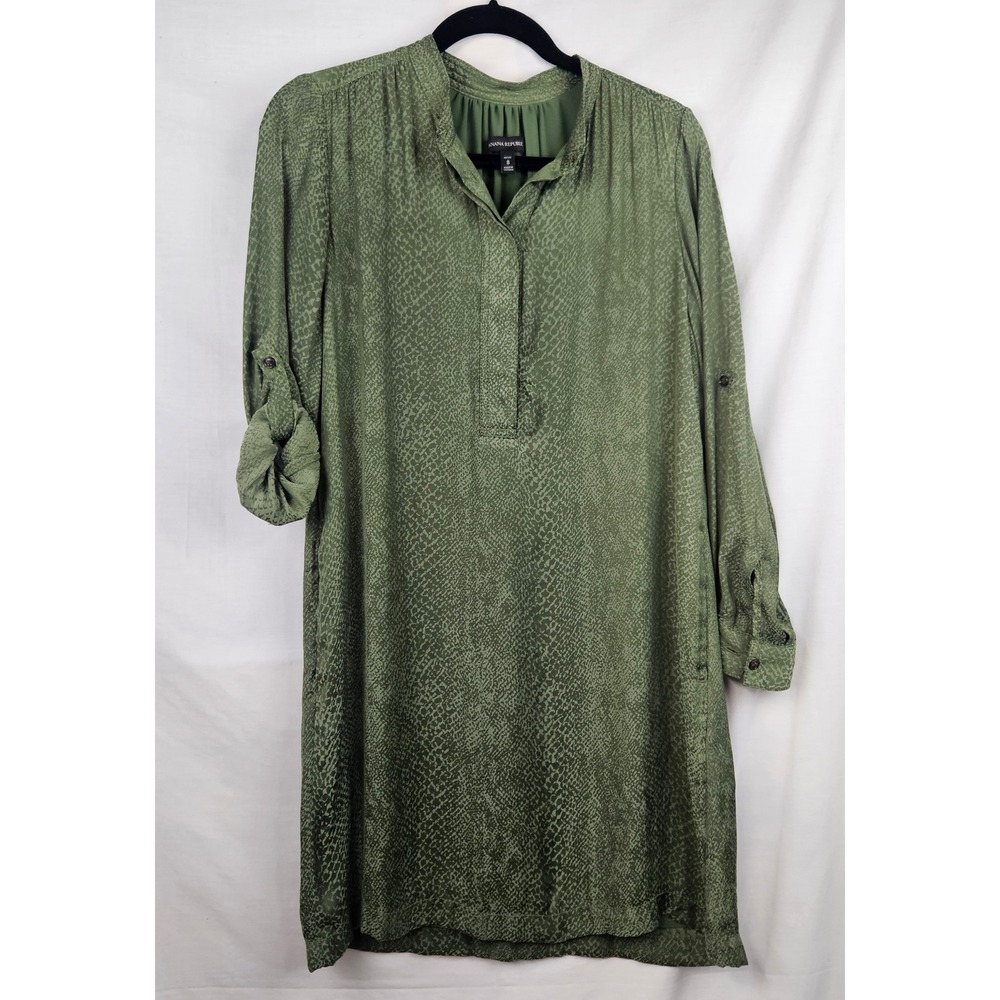 Banana Republic Olive Green Animal Print Shift Dress‎ Petite 8 Pockets Lagenlook